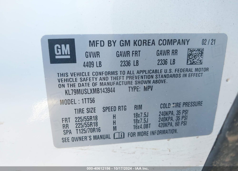 2021 CHEVROLET TRAILBLAZER AWD RS VIN: KL79MUSLXMB143944