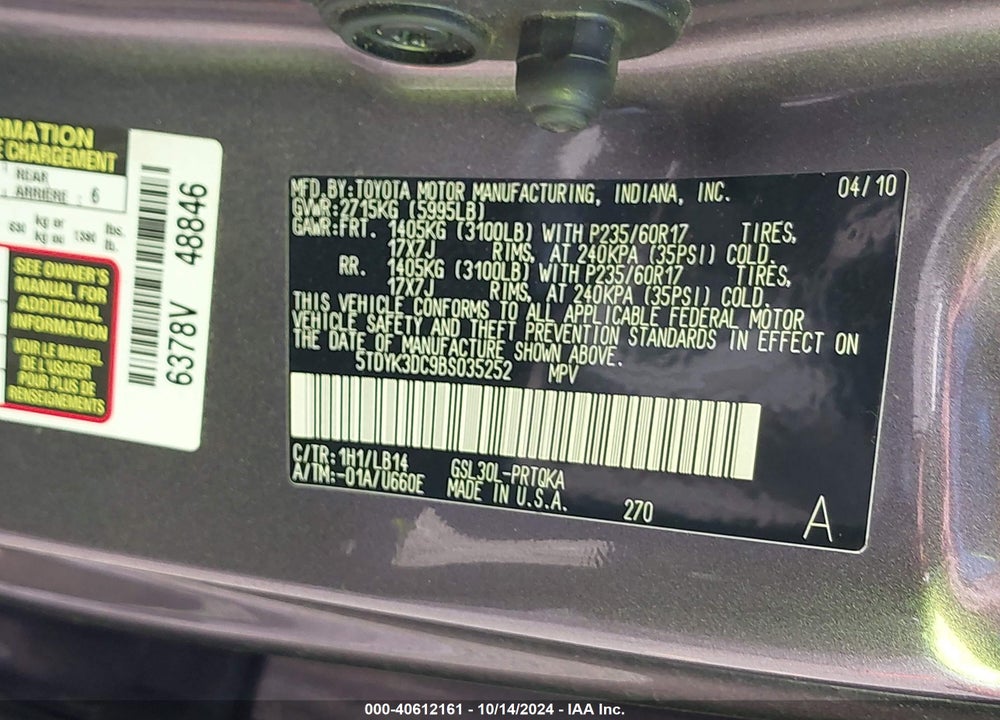 2011 TOYOTA SIENNA XLE V6 VIN: 5TDYK3DC9BS035252