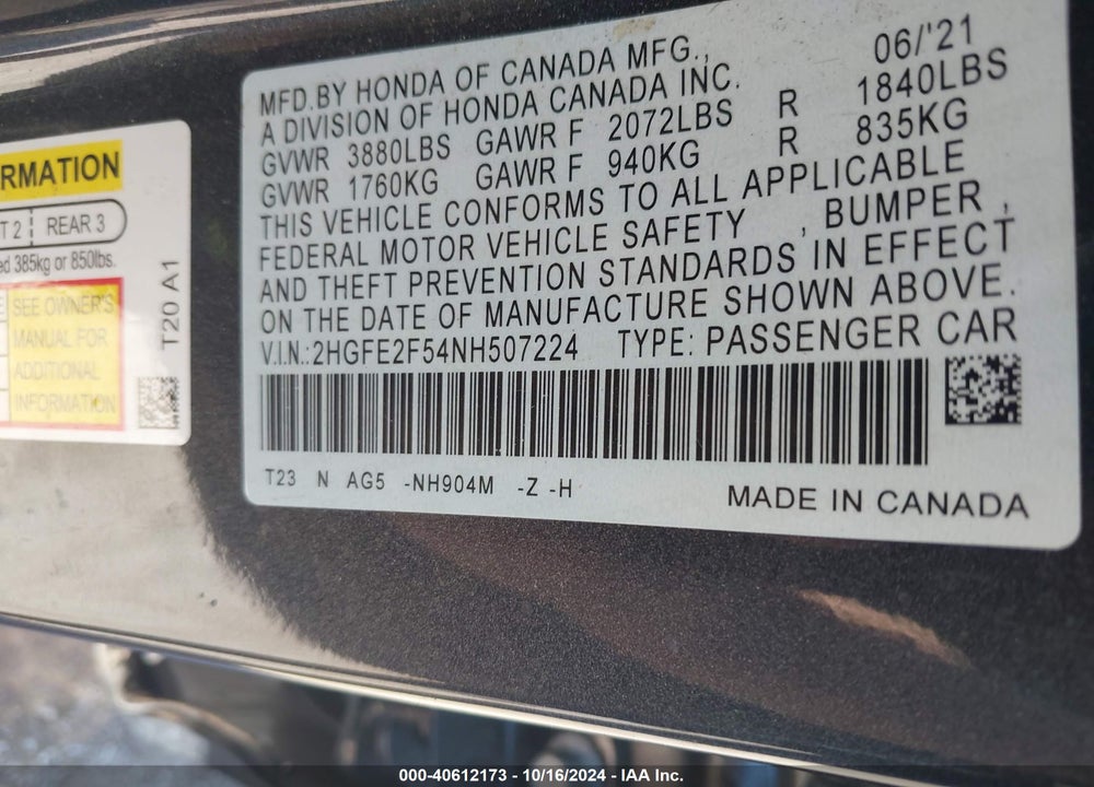 2022 HONDA CIVIC SPORT VIN: 2HGFE2F54NH507224