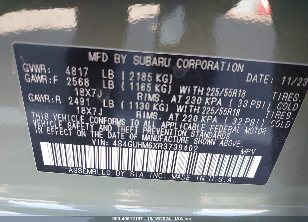 2024 SUBARU CROSSTREK LIMITED VIN: 4S4GUHM6XR3739402