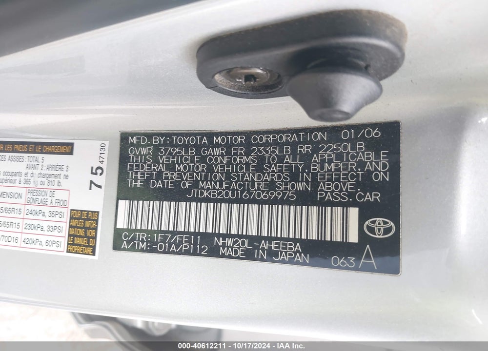 2006 TOYOTA PRIUS VIN: JTDKB20U167069975