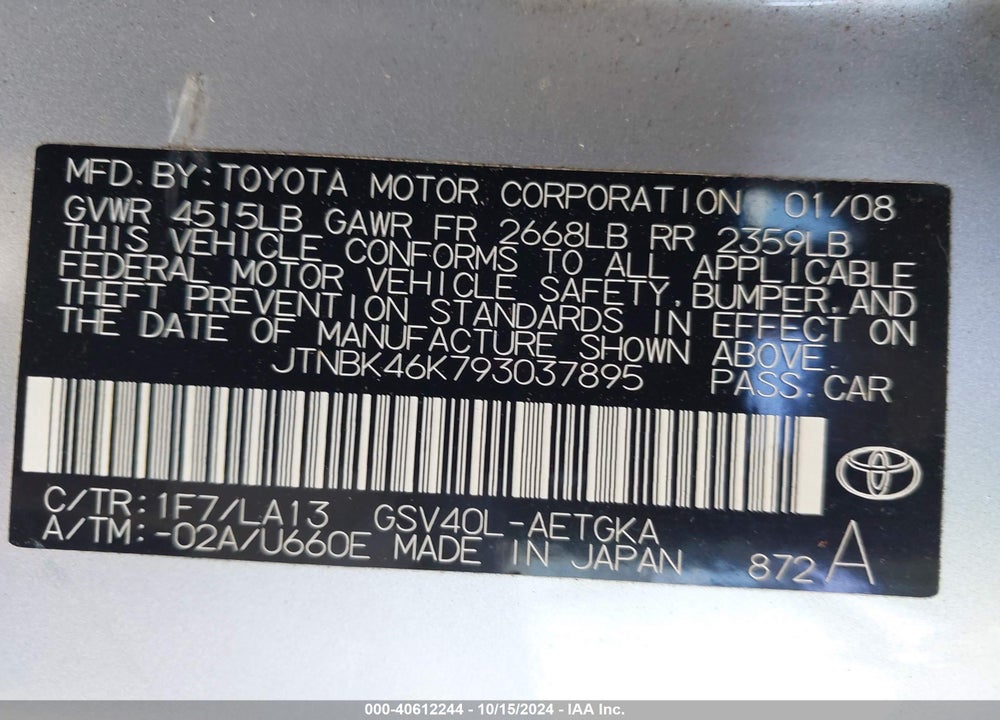 2009 TOYOTA CAMRY VIN: JTNBK46K793037895