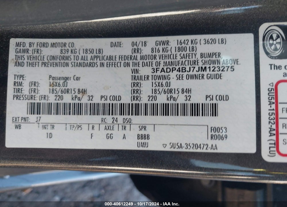 2018 FORD FIESTA SE VIN: 3FADP4BJ7JM123275