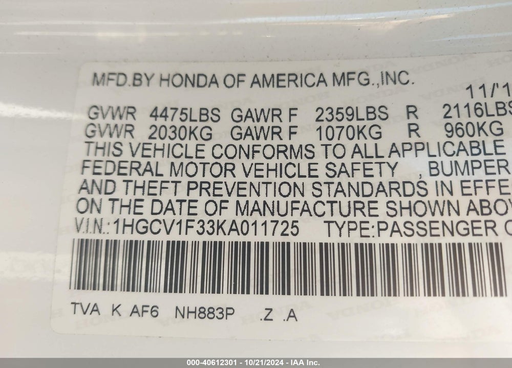2019 HONDA ACCORD SPORT VIN: 1HGCV1F33KA011725