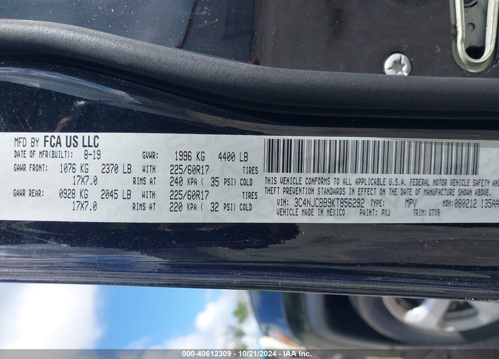 2019 JEEP COMPASS LATITUDE FWD VIN: 3C4NJCBB9KT856292
