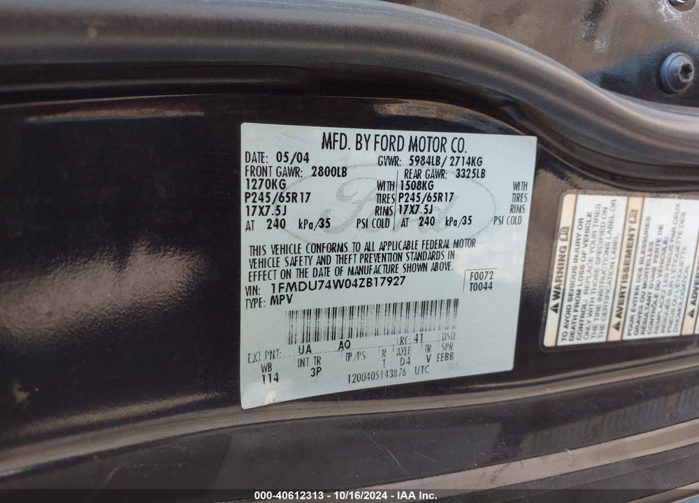 2004 FORD EXPLORER EDDIE BAUER VIN: 1FMDU74W04ZB17927