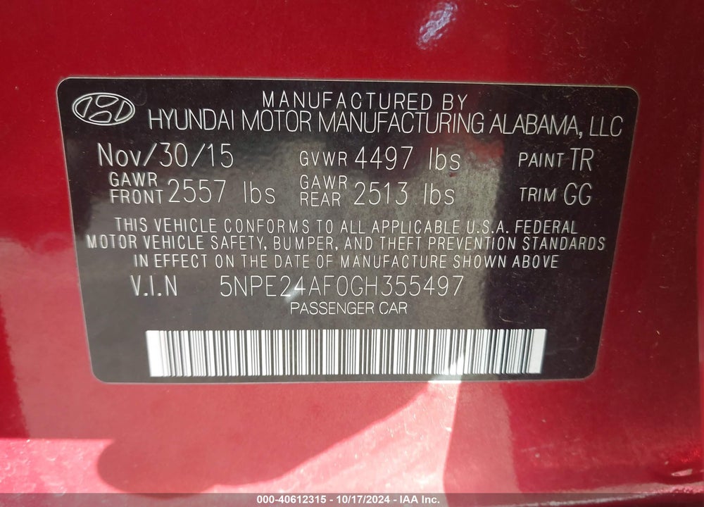 2016 HYUNDAI SONATA SE VIN: 5NPE24AF0GH355497