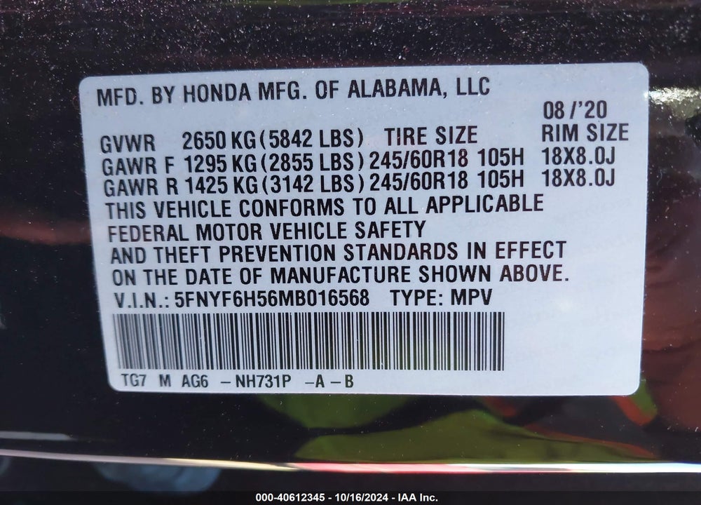 2021 HONDA PILOT AWD EX-L VIN: 5FNYF6H56MB016568