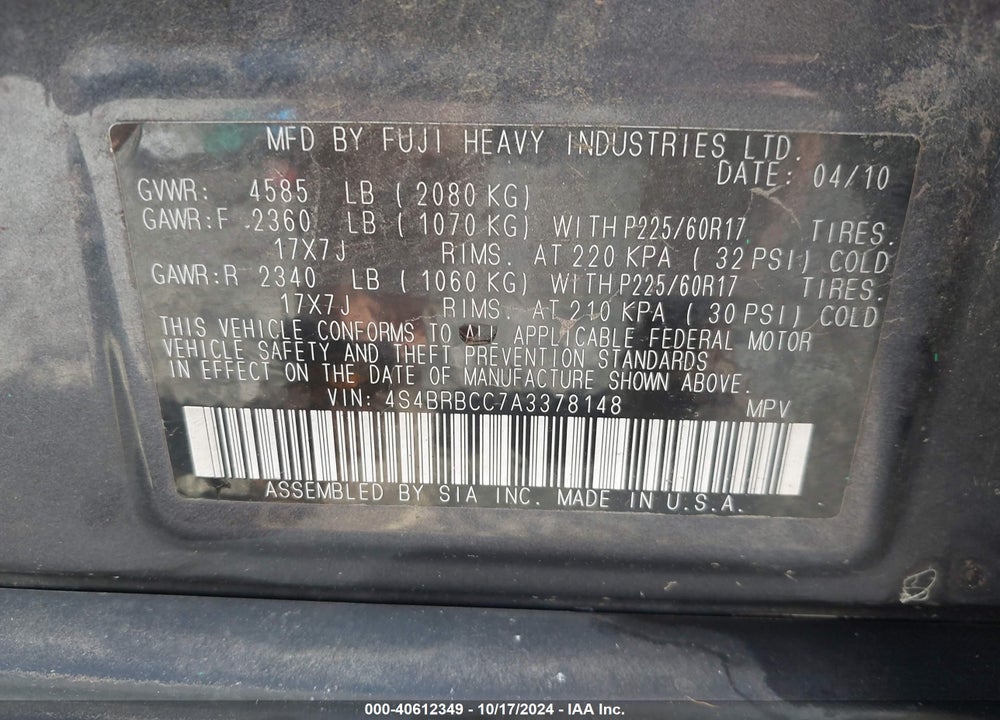 2010 SUBARU OUTBACK 2.5I PREMIUM VIN: 4S4BRBCC7A3378148