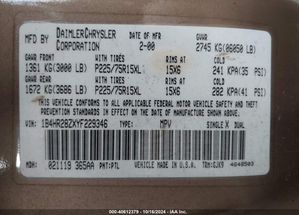2000 DODGE DURANGO VIN: 1B4HR28ZXYF229346