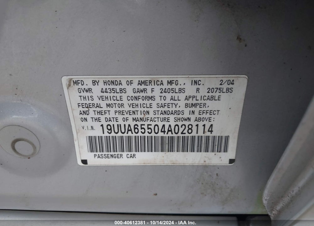 2004 ACURA TL VIN: 19UUA65504A028114