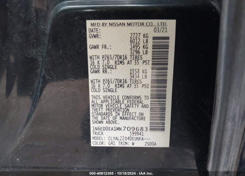 2021 NISSAN FRONTIER SV 4X2 VIN: 1N6ED0EA1MN709683