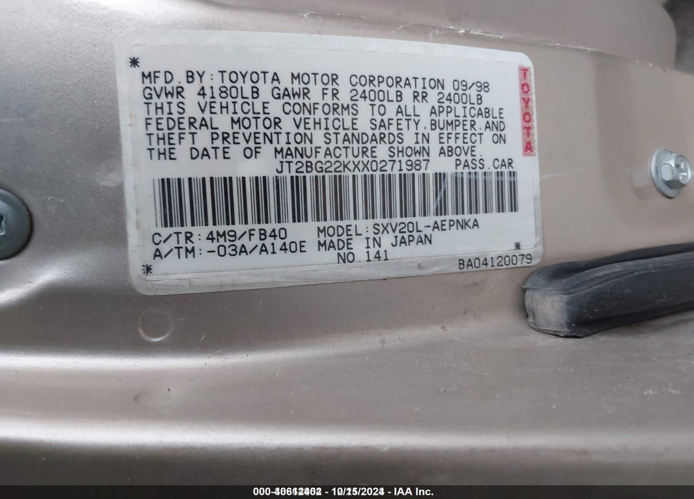 1999 TOYOTA CAMRY LE VIN: JT2BG22KXX0271987