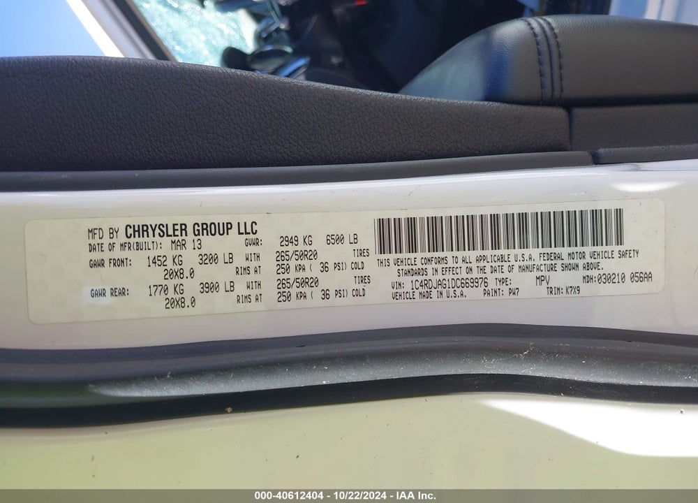2013 DODGE DURANGO SXT VIN: 1C4RDJAG1DC669976