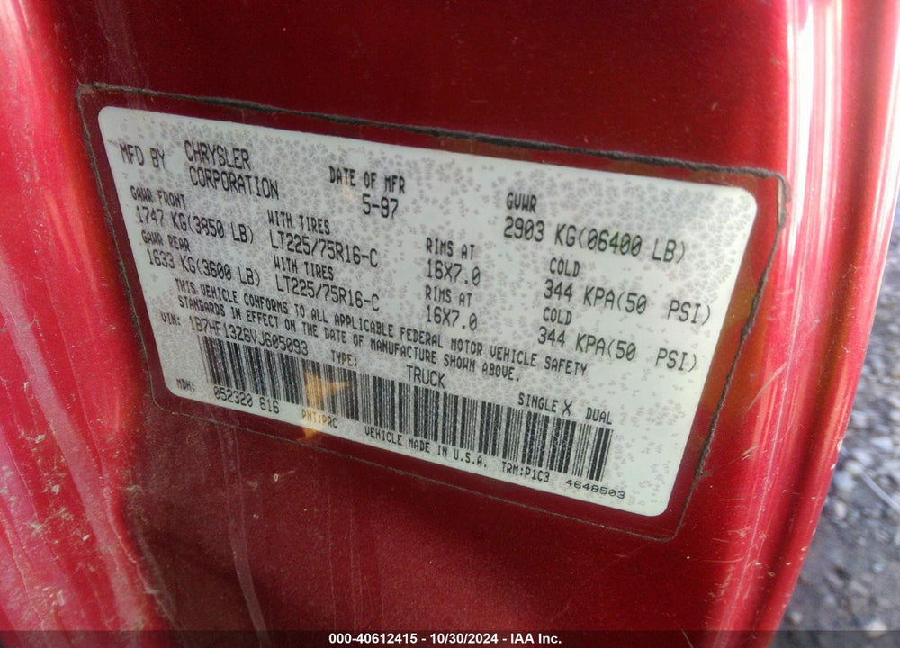 1997 DODGE RAM 1500 ST VIN: 1B7HF13Z6VJ605093