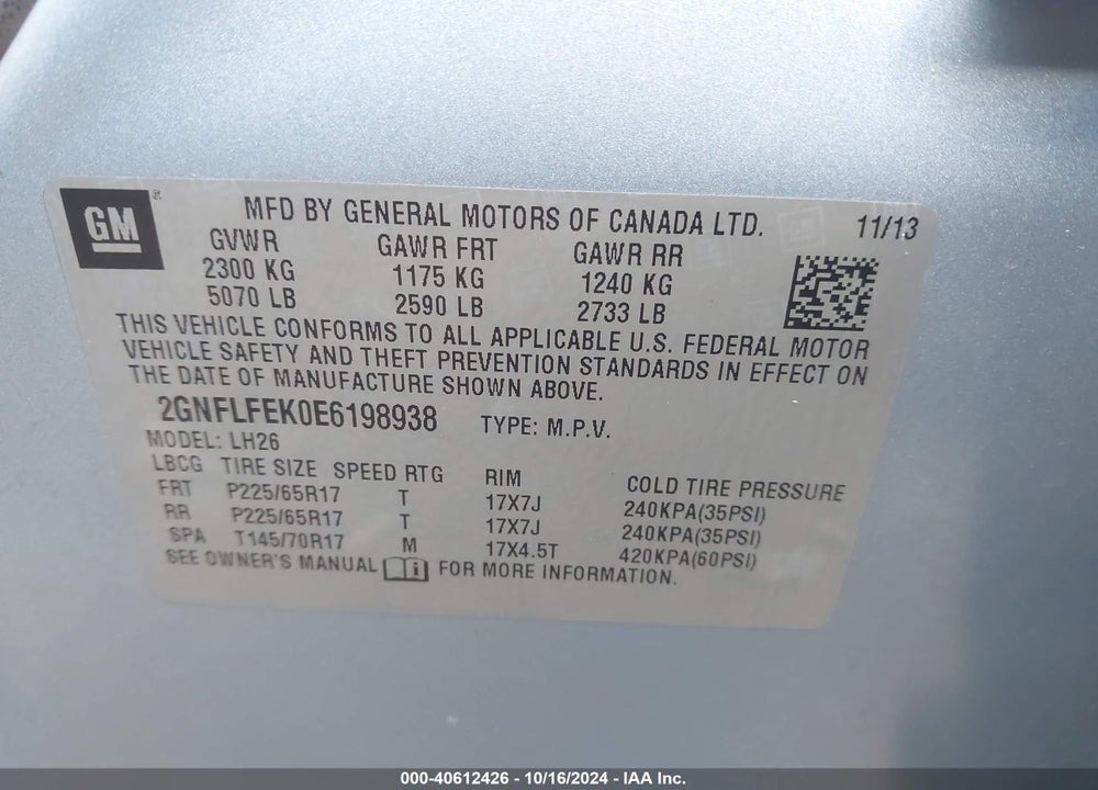 2014 CHEVROLET EQUINOX 1LT VIN: 2GNFLFEK0E6198938