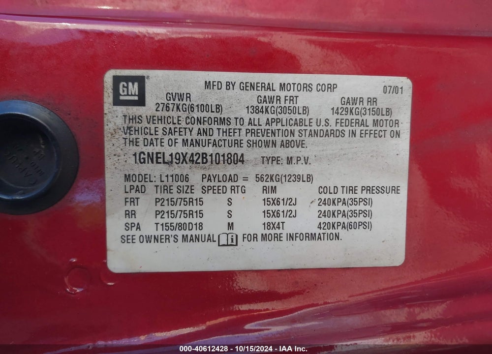 2002 CHEVROLET ASTRO LS VIN: 1GNEL19X42B101804