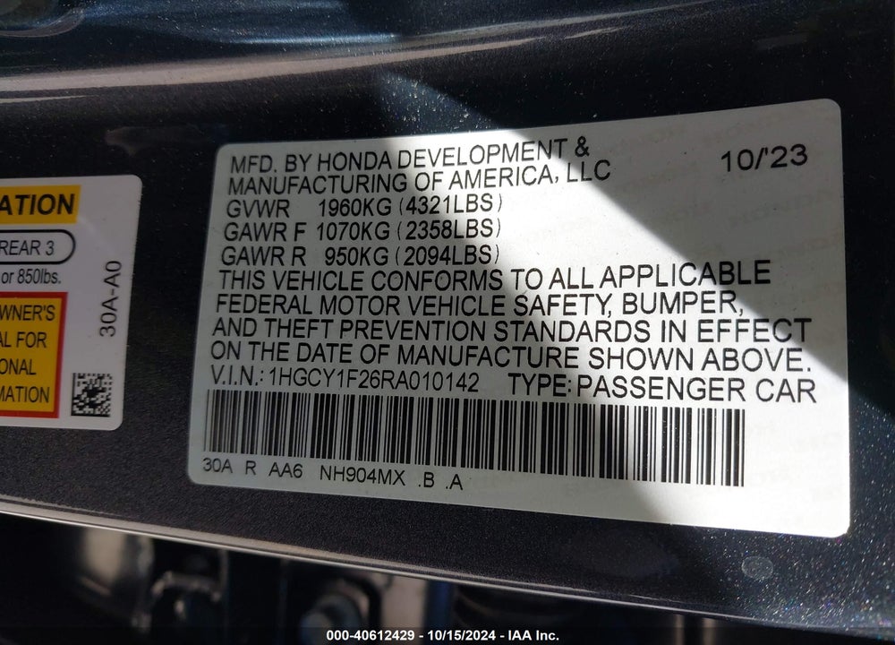 2024 HONDA ACCORD LX VIN: 1HGCY1F26RA010142