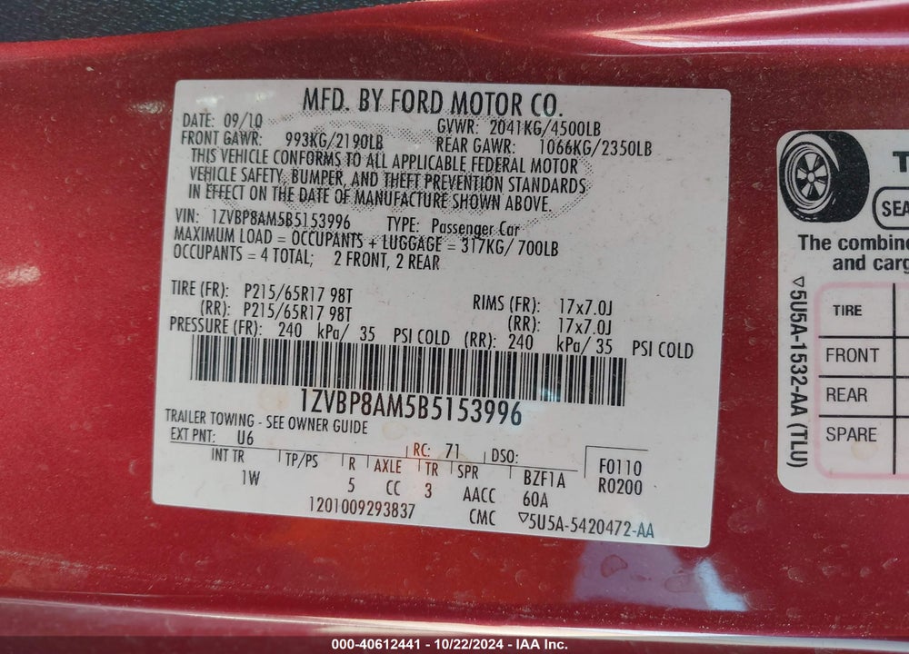 2011 FORD MUSTANG V6 VIN: 1ZVBP8AM5B5153996