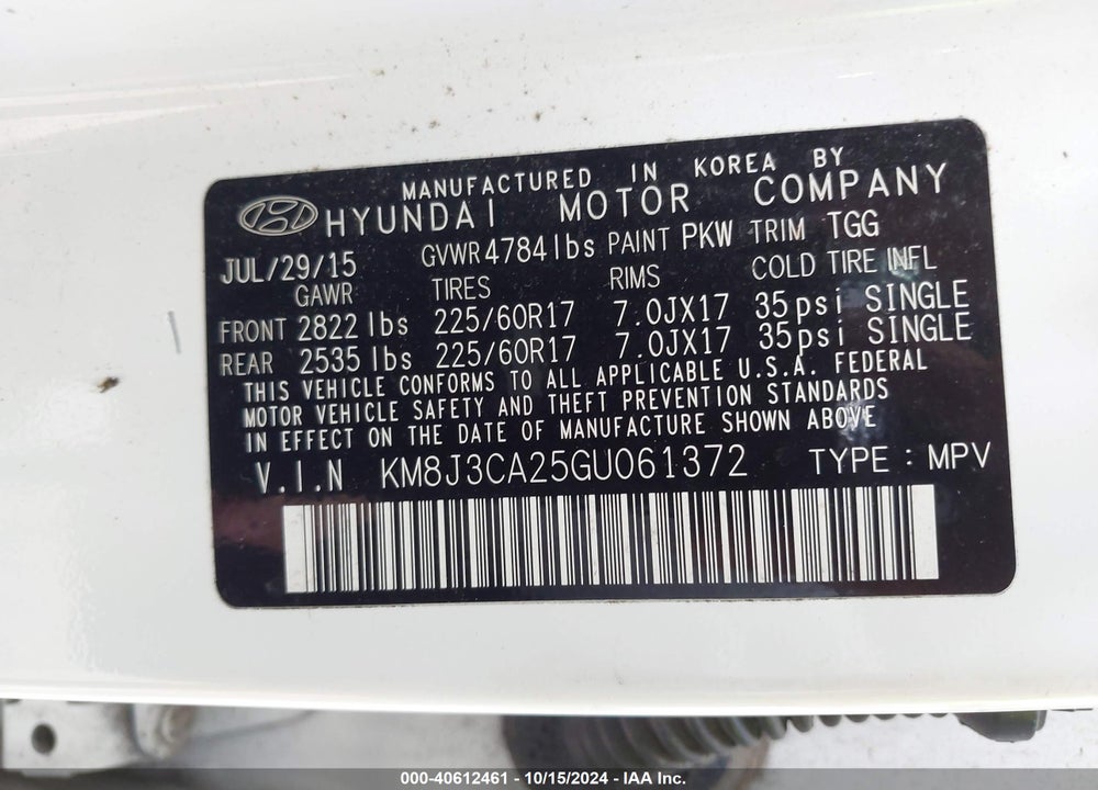2016 HYUNDAI TUCSON ECO VIN: KM8J3CA25GU061372