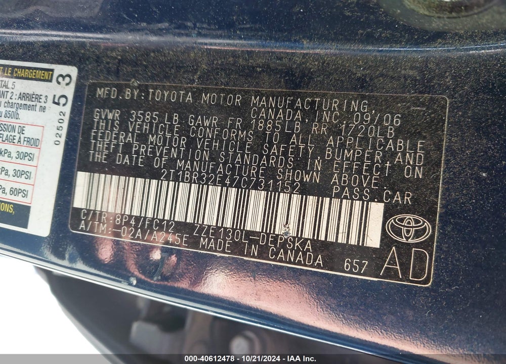 2007 TOYOTA COROLLA S VIN: 2T1BR32E47C731152
