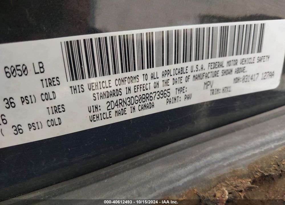 2011 DODGE GRAND CARAVAN MAINSTREET VIN: 2D4RN3DG0BR673965