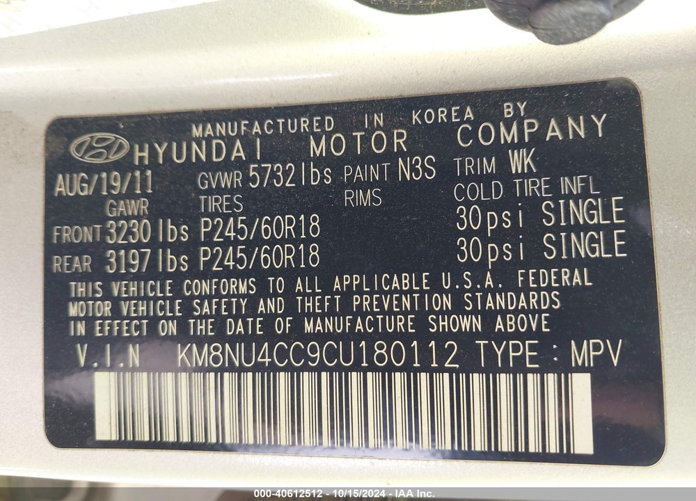 2012 HYUNDAI VERACRUZ LIMITED VIN: KM8NU4CC9CU180112