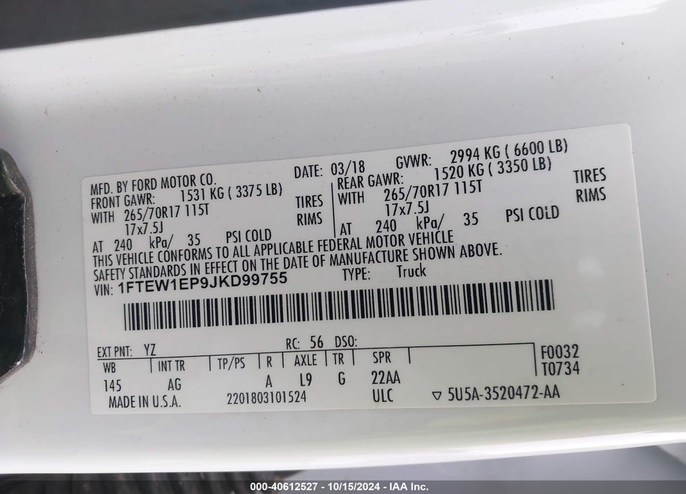 2018 FORD F-150 XL VIN: 1FTEW1EP9JKD99755