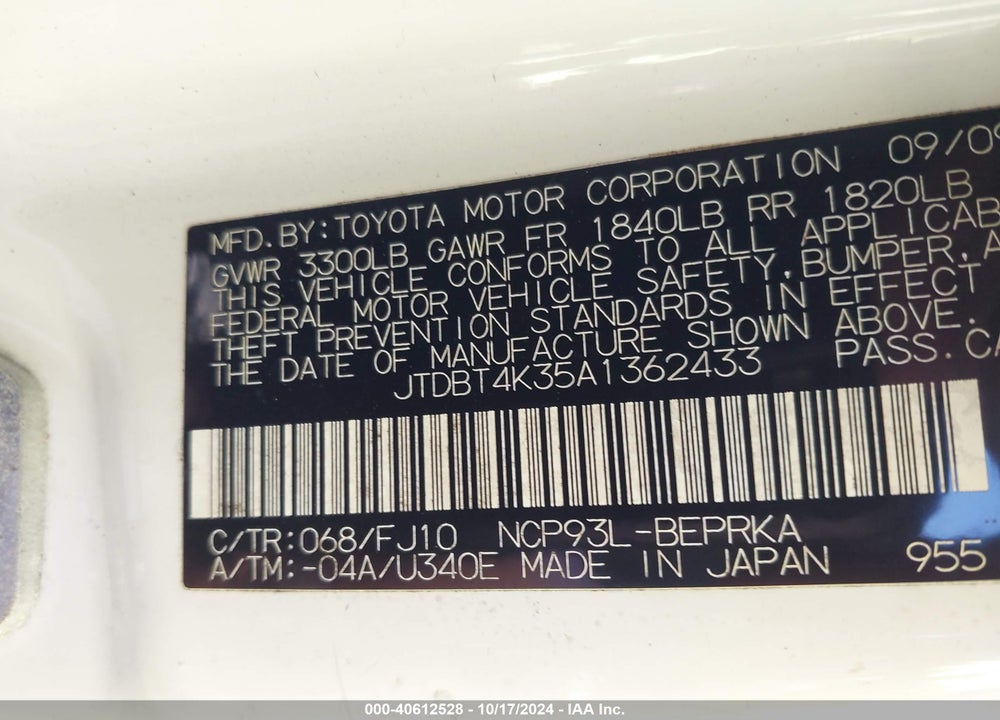 2010 TOYOTA YARIS VIN: JTDBT4K35A1362433