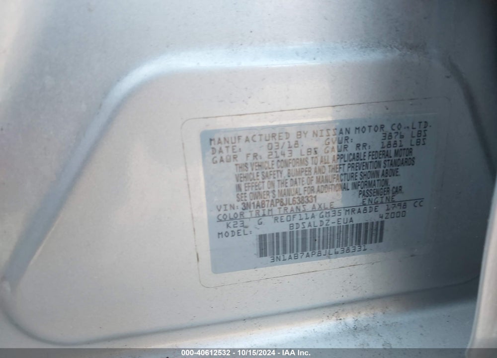 2018 NISSAN SENTRA SV VIN: 3N1AB7AP8JL638331