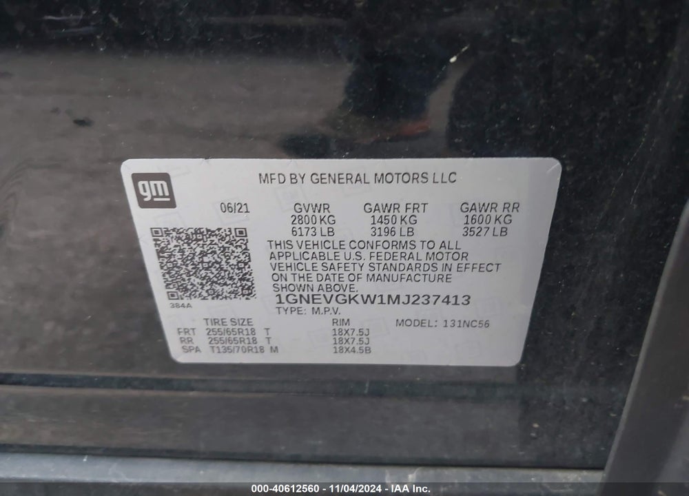 2021 CHEVROLET TRAVERSE AWD LT CLOTH VIN: 1GNEVGKW1MJ237413