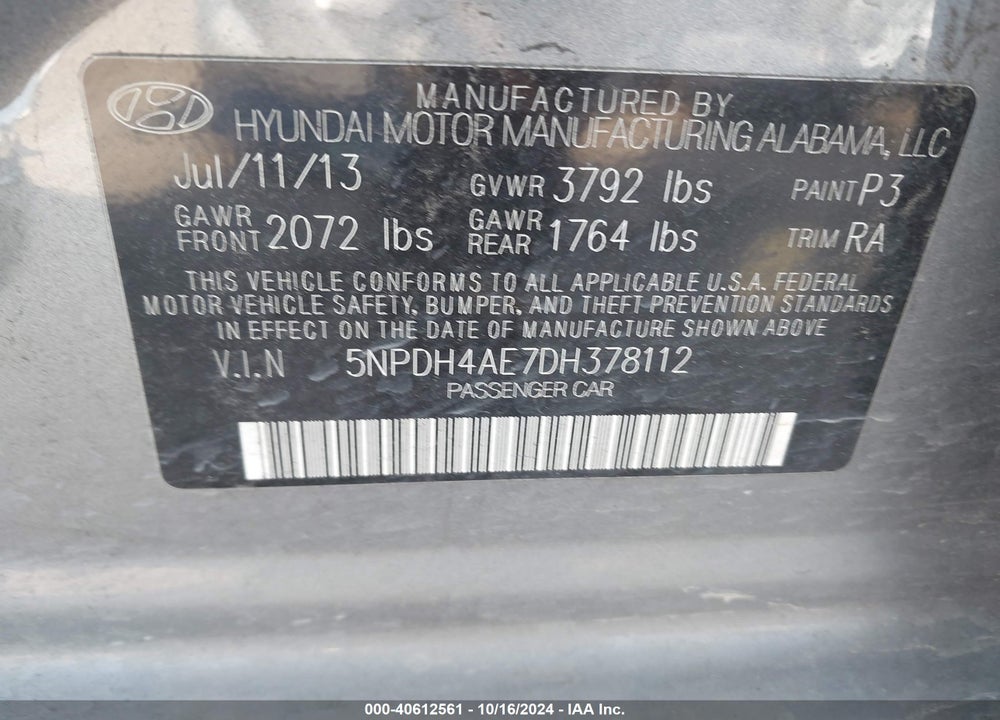 2013 HYUNDAI ELANTRA GLS VIN: 5NPDH4AE7DH378112