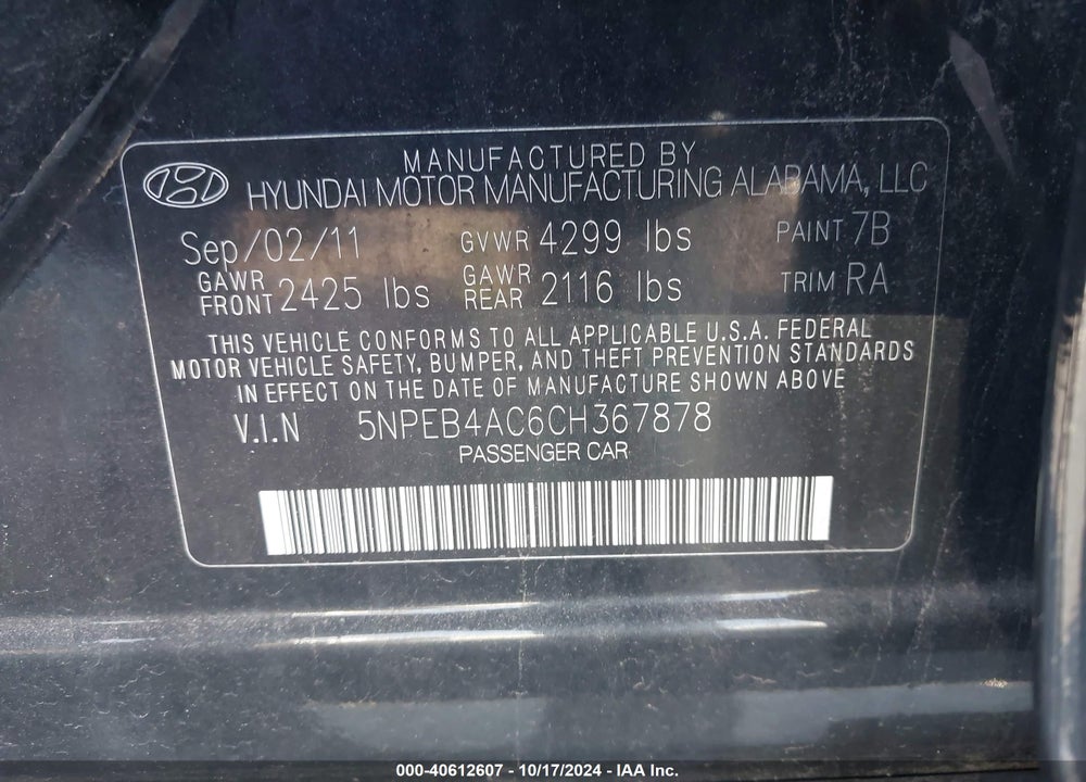 2012 HYUNDAI SONATA GLS VIN: 5NPEB4AC6CH367878
