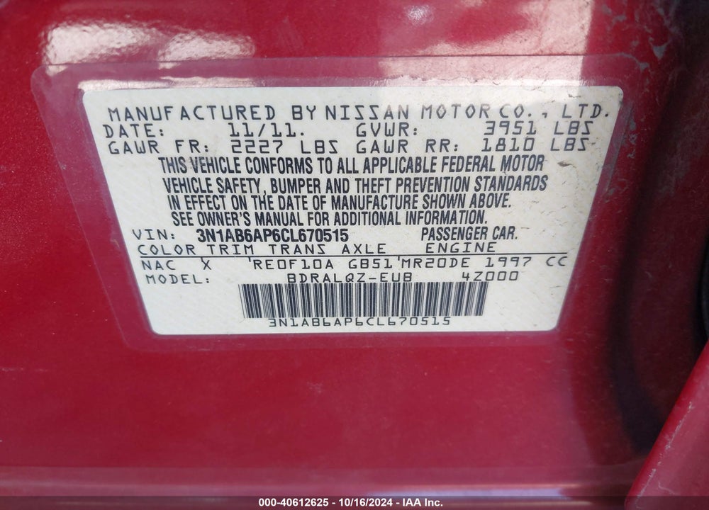 2012 NISSAN SENTRA VIN: 3N1AB6AP6CL670515