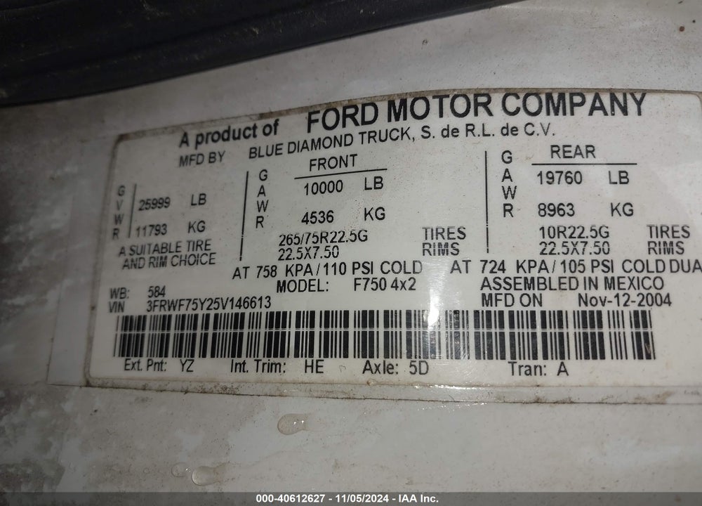 2005 FORD F-750 XL/XLT VIN: 3FRWF75Y25V146613