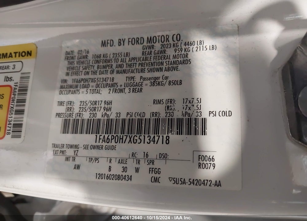 2016 FORD FUSION SE VIN: 1FA6P0H7XG5134718