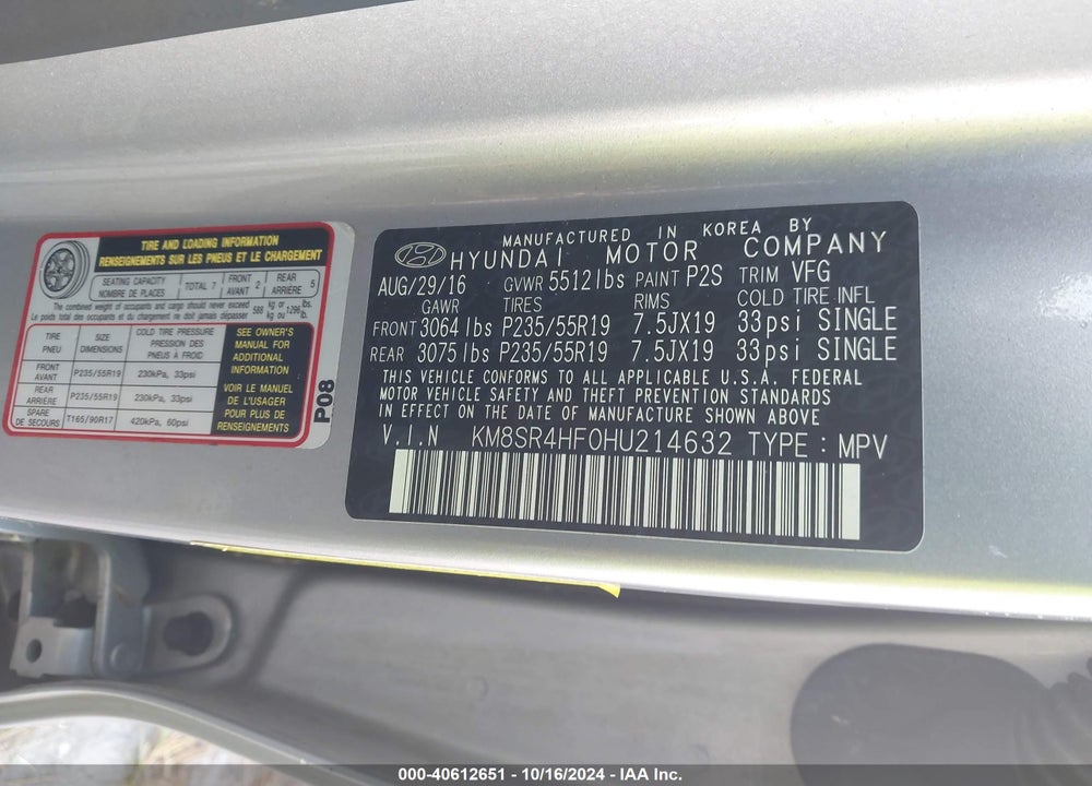 2017 HYUNDAI SANTA FE SE ULTIMATE VIN: KM8SR4HF0HU214632