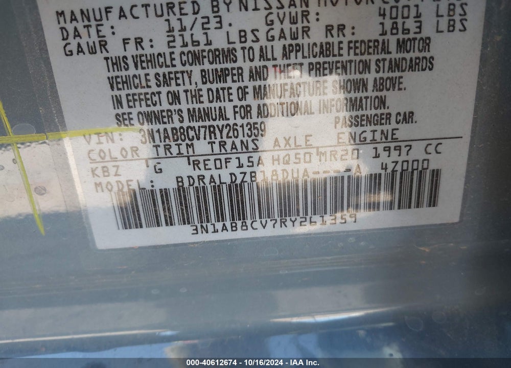 2024 NISSAN SENTRA SV XTRONIC CVT VIN: 3N1AB8CV7RY261359