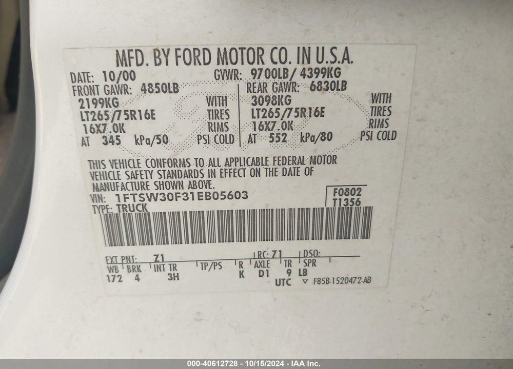 2001 FORD F-350 LARIAT/XL/XLT VIN: 1FTSW30F31EB05603