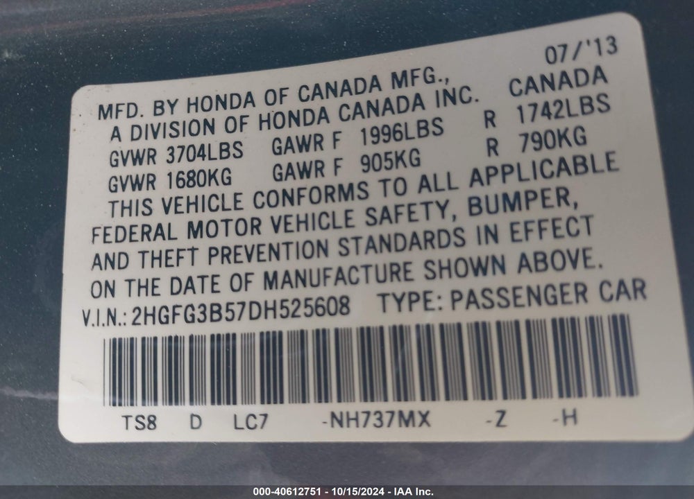 2013 HONDA CIVIC LX VIN: 2HGFG3B57DH525608
