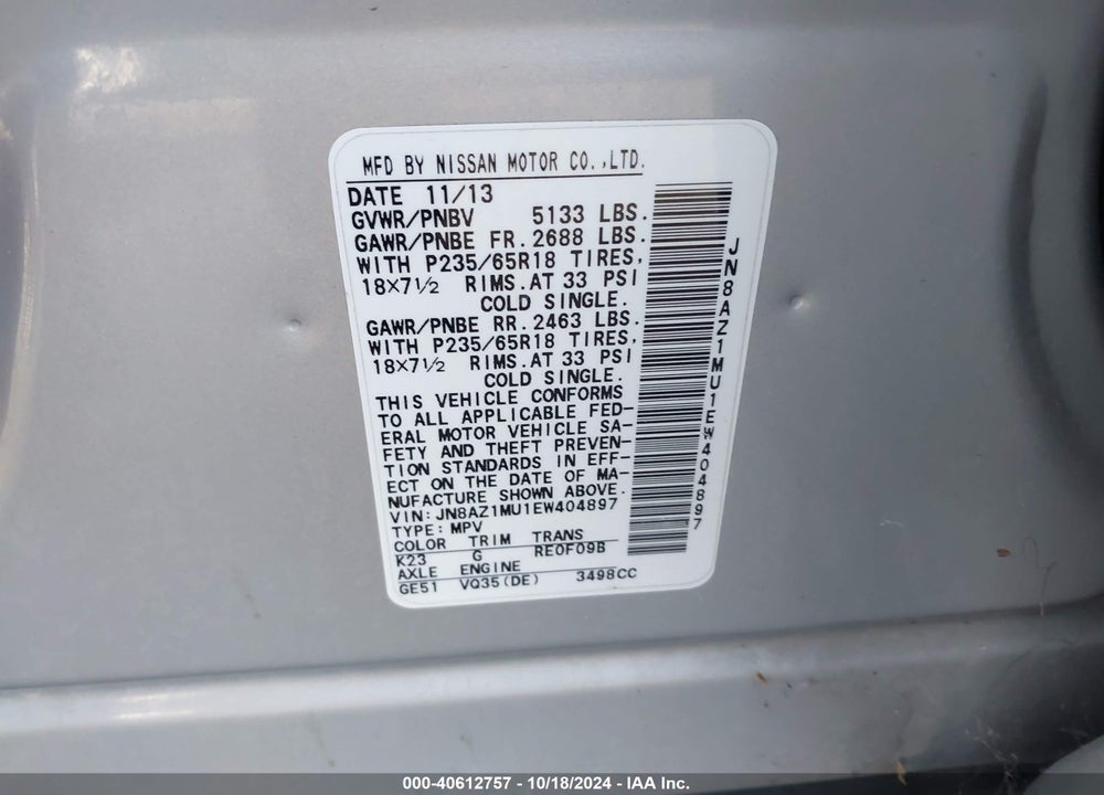 2014 NISSAN MURANO S VIN: JN8AZ1MU1EW404897