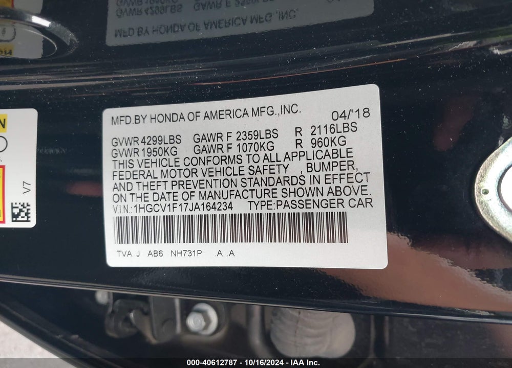 2018 HONDA ACCORD LX VIN: 1HGCV1F17JA164234