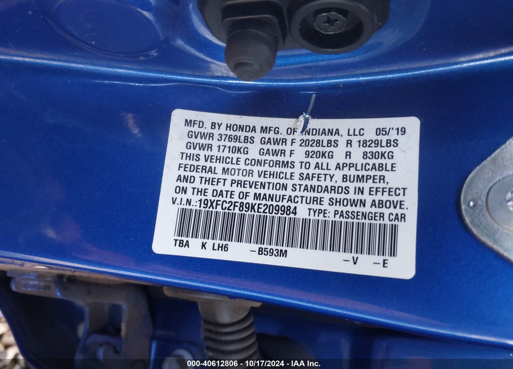 2019 HONDA CIVIC VIN: 19XFC2F89KE209984