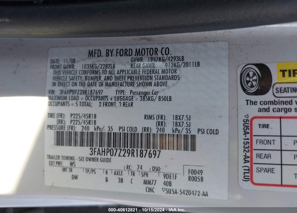 2009 FORD FUSION SE VIN: 3FAHP07Z29R187697