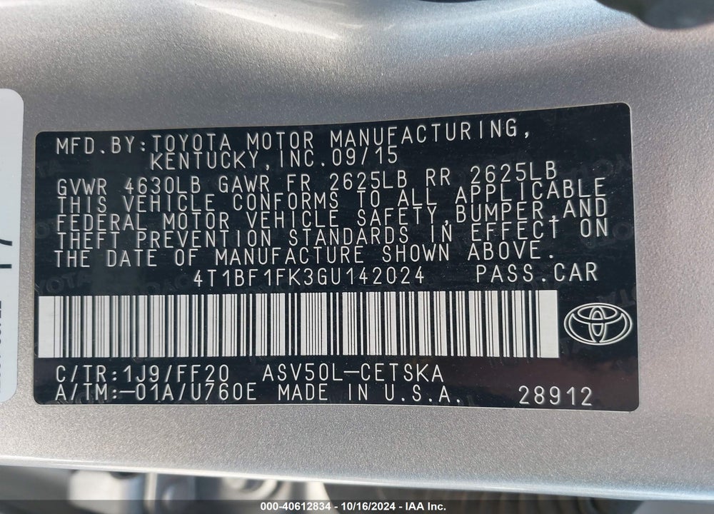 2016 TOYOTA CAMRY SE VIN: 4T1BF1FK3GU142024