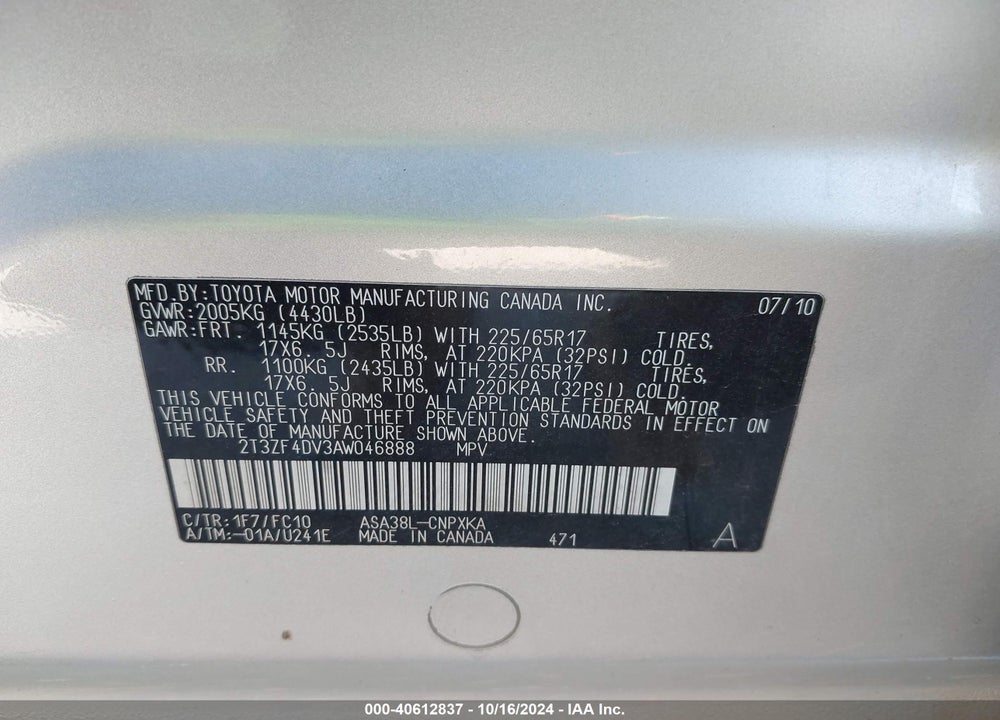 2010 TOYOTA RAV4 VIN: 2T3ZF4DV3AW046888