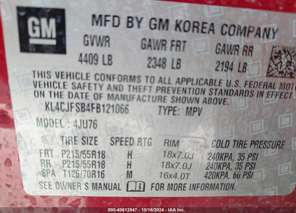 2015 BUICK ENCORE CONVENIENCE VIN: KL4CJFSB4FB121066