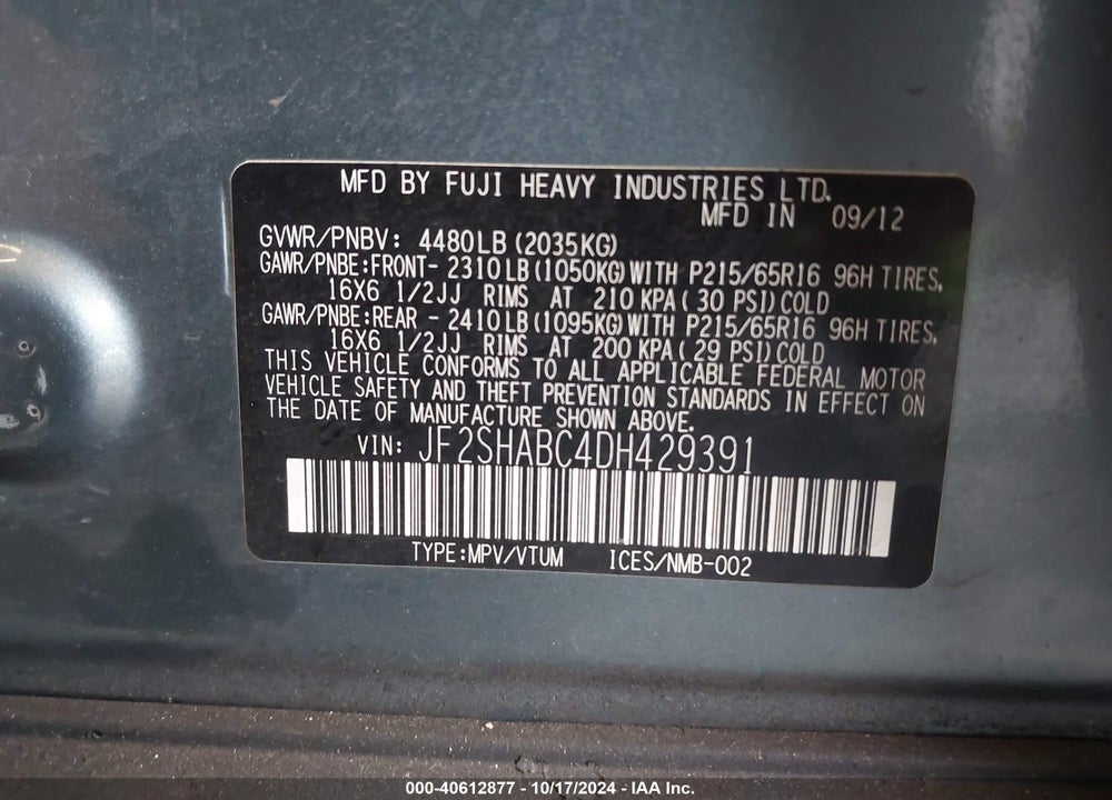 2013 SUBARU FORESTER 2.5X VIN: JF2SHABC4DH429391