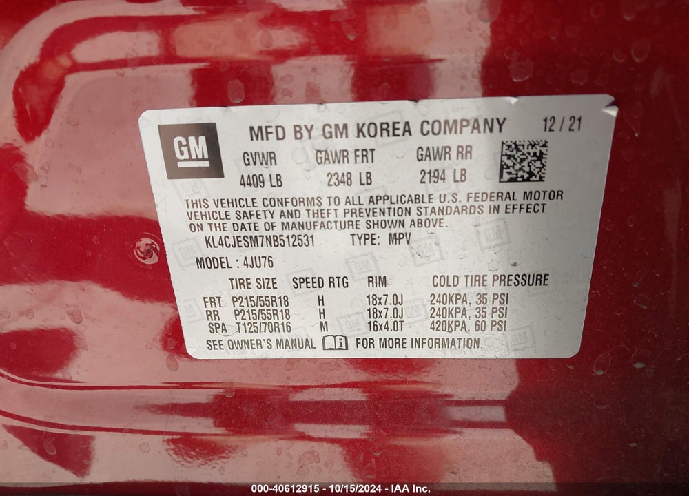 2022 BUICK ENCORE AWD PREFERRED VIN: KL4CJESM7NB512531