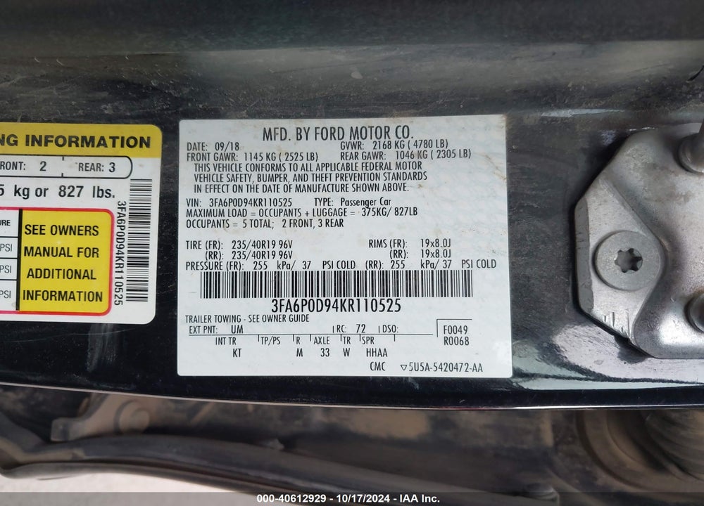 2019 FORD FUSION TITANIUM VIN: 3FA6P0D94KR110525